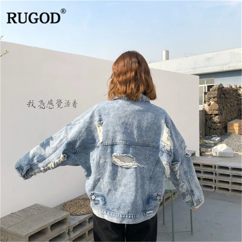 Женская джинсовая куртка RUGOD Классическая Свободная Повседневная рваная с