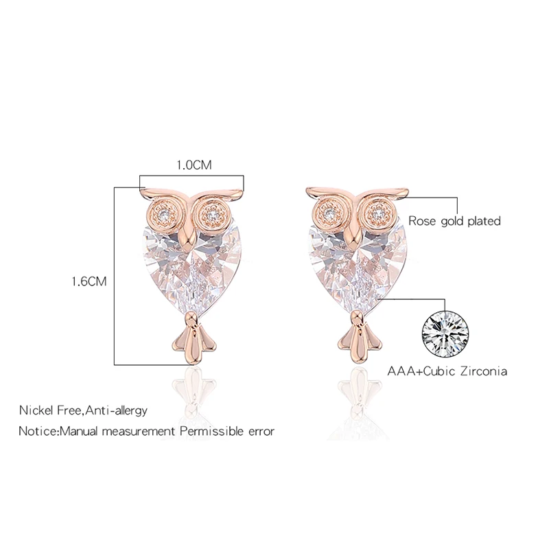 

Cute Clear Crystal Owl Stud Earrings for Women Rose Gold Lovely Elegant Earrings Shiny Fashion Jewelry Wedding Accessory Gift