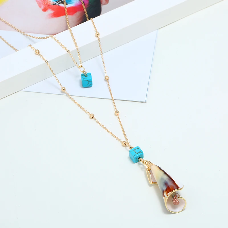 Новинка Boho раковины камень кулон ожерелье s для женщин Стильная 2 уровня длинное