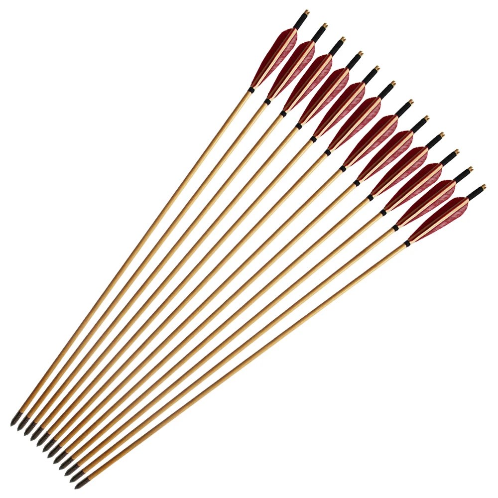 

12pcs Handmade Wooden Arrows 33inch with Red Turkey Feather for 25-50lbs Recurve Bow Hunting Arrow
