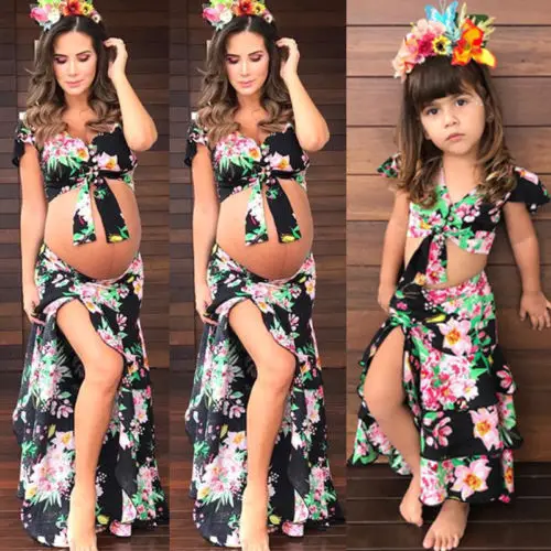 Одежда с цветочным принтом для мамы и дочки летняя одежда беременных девочек