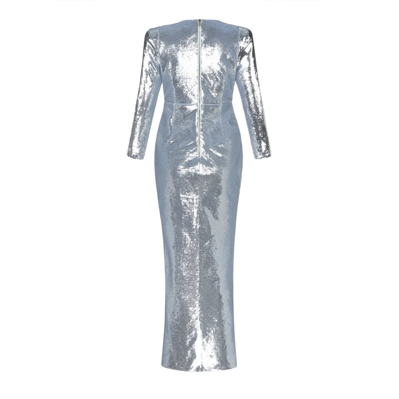 

New Arrival Fashion Silver Sequin Celebrity Evening Party Dress Women Long Sleeve Sexy Shining Bow Wedding Vestidos Wholesale