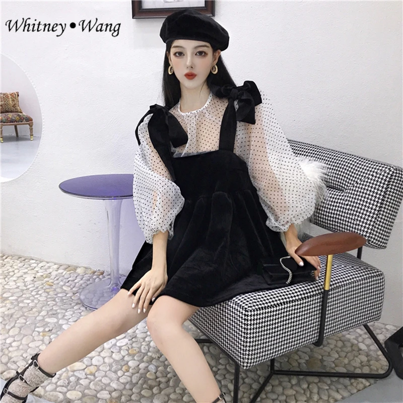WHITNEY WANG/2019 г. весенне осенняя модная уличная блуза в горошек из 2 предметов милое