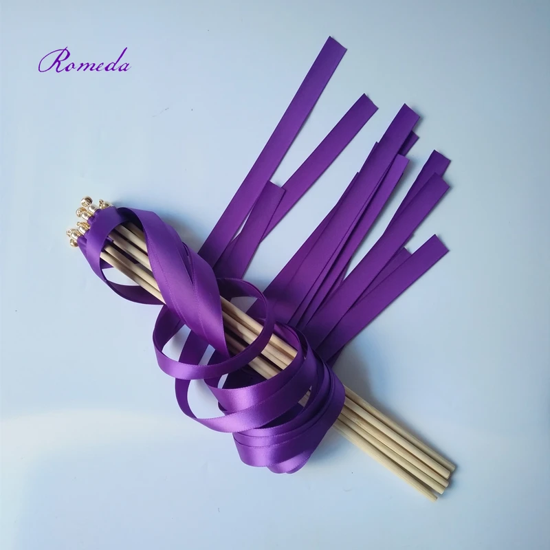

50pcs/lot double purple stain ribbon wedding stick wands With golden Bells for wedding party