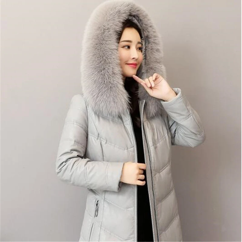 

Winter Real Leather Down Coat Women 2020 High quality Fox fur collar Hooded Tops Plus size Female Sheepskin Thicken Down Coats