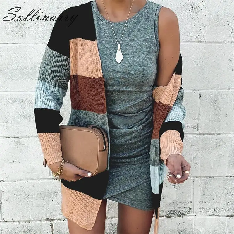 Sollinarry Long Sleeve Autumn Women Sweater Cardigans Casual Patchwork Rainbow Strip Knitted Winter Cardigan Female Chic Coat |