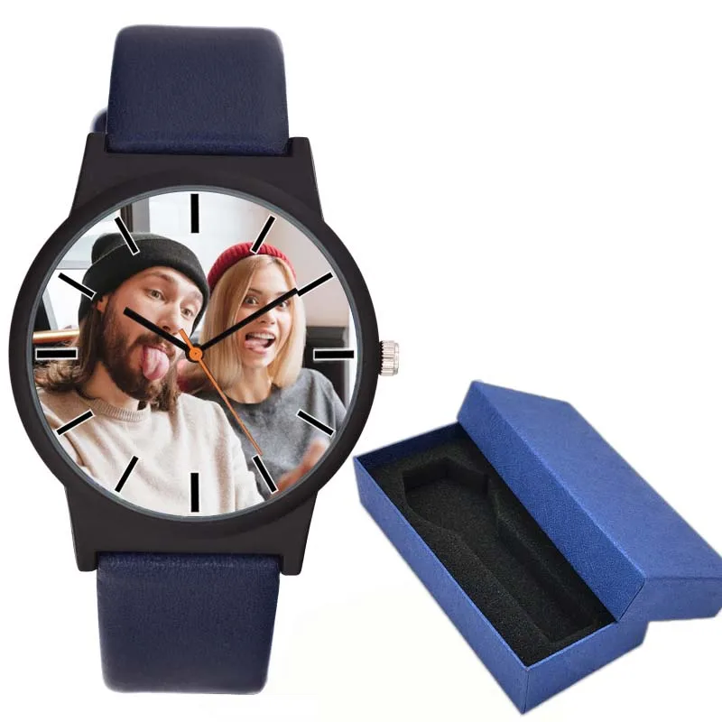 blue with box A3307 часы для влюбленных DIY с вашим собственным изображением индивидуальные часы с циферблатом кожаные спортивные повседневные модные подходят для мужчин и женщин креативные часы - Цвет: blue with box