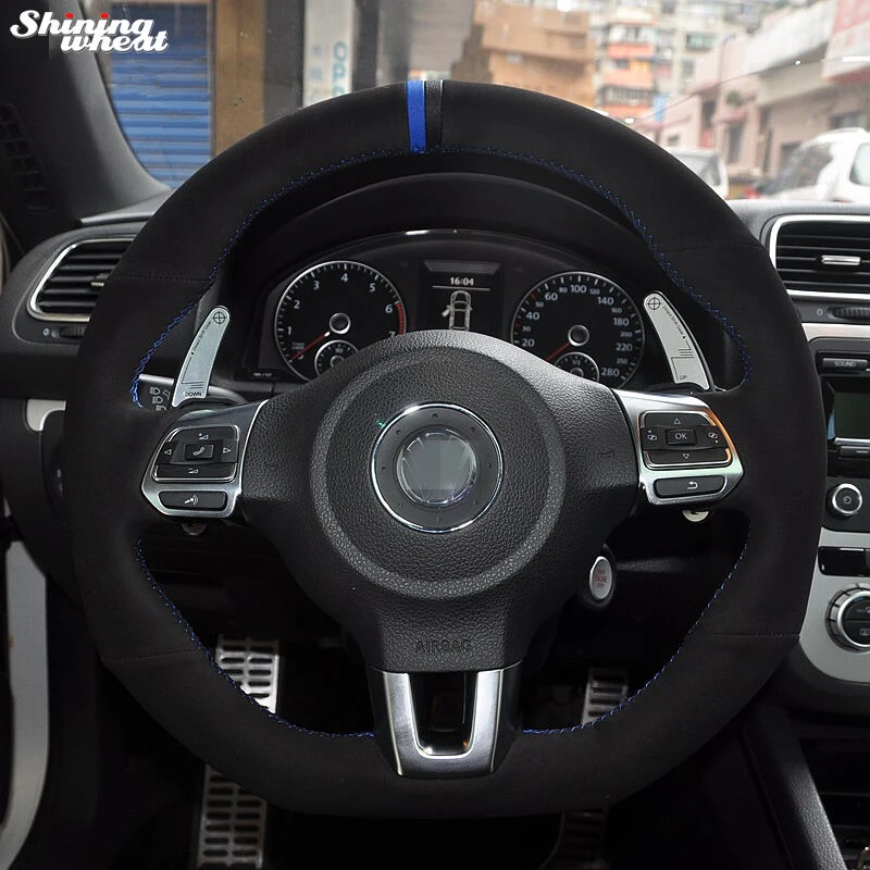 Черная замша синий черный маркер чехол рулевого колеса автомобиля для Volkswagen Golf 6