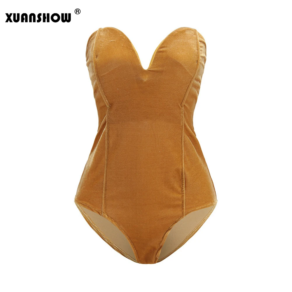 Gold XUANSHOW, сексуальный милый бюстье, боди, Одноцветный, с открытой спиной, на шнуровке, вельветовый комбинезон,, летний, обтягивающий, элегантный, женский боди - Цвет: Gold