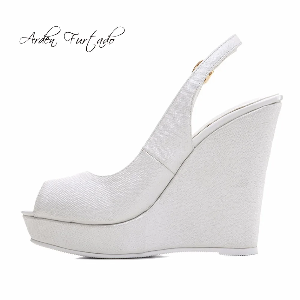 Arden Furtado 2019 summer style shoes for woman white wedding back strap peep toe wedges high heels 12cm platform sandals | Обувь