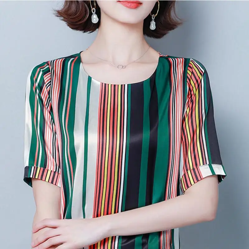 Summer new loose Shirt temperament elegant fashion sweet striped silk slim short-sleeved round neck blouse 4XL |