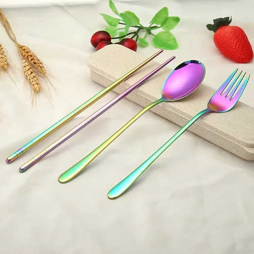 Multicolor Походная посуда для походов на открытом воздухе, миска, кастрюля, набор для кемпинга, кухонные инструменты, крышка 4 шт., комплект переносной посуды, ложка, вилка, палочки для еды - Цвет: Multicolor