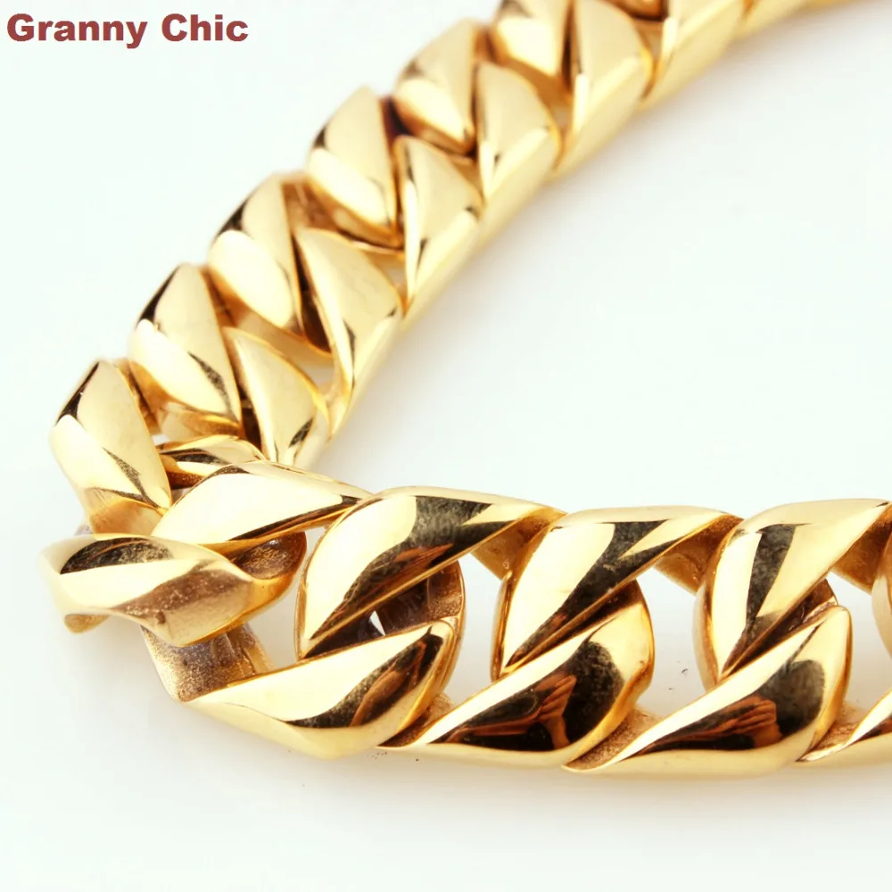 

Granny Chic 7"-40" Men's Hip Hop Bling Gold Color Stainless Steel Curb Chain Necklace or Bracelet 15mm