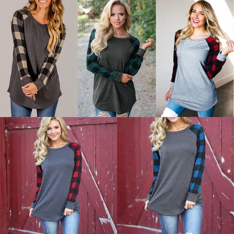 Rogi Female T-Shirts Casual Long Sleeve T Shirt Women 2019 Fashion Plaid Patchwork Baseball Tops Tee Femme Camiseta Mujer | Женская