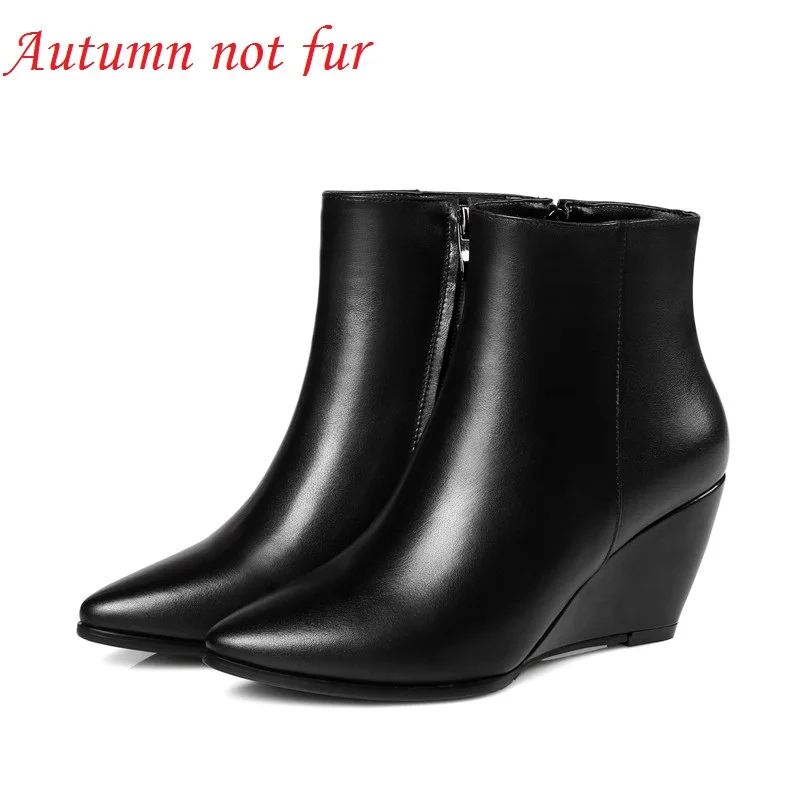 black not fur ASUMER/Новое поступление; Модные женские ботинки черного цвета; сезон осень-зима ботильоны из натуральной кожи на танкетке с острым носком на молнии; большие размеры 32-45 - Цвет: black not fur