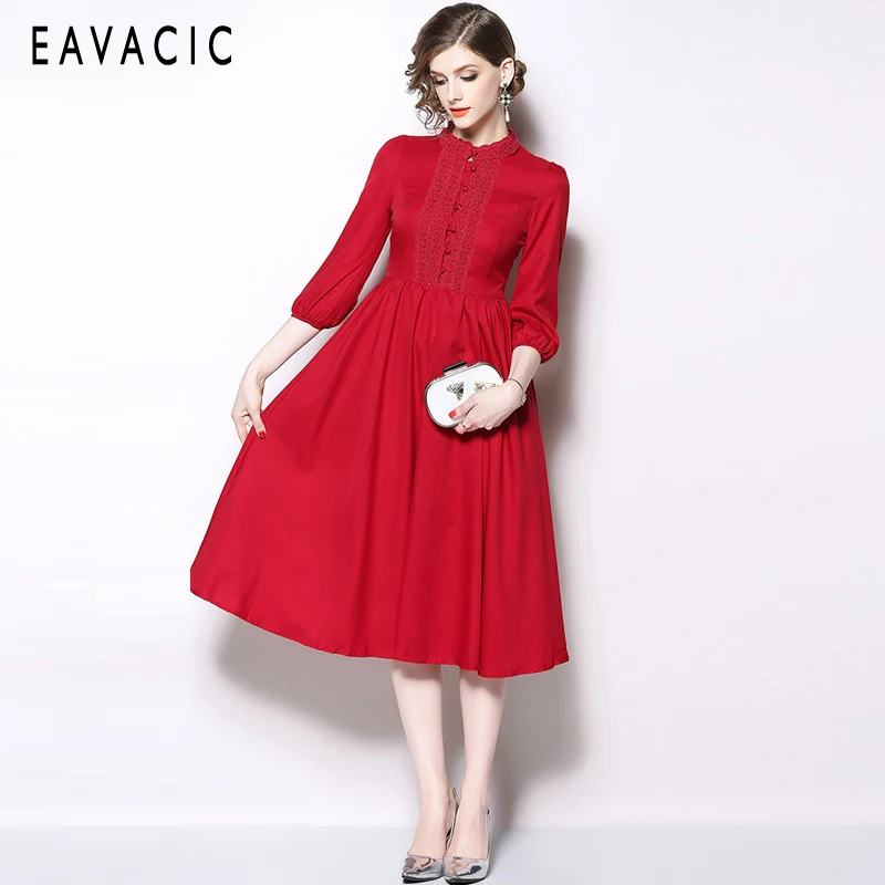 EAVACIC 2019 Ранняя весна женское платье милая девушка миди Vestidos сплошной цвет|Женские