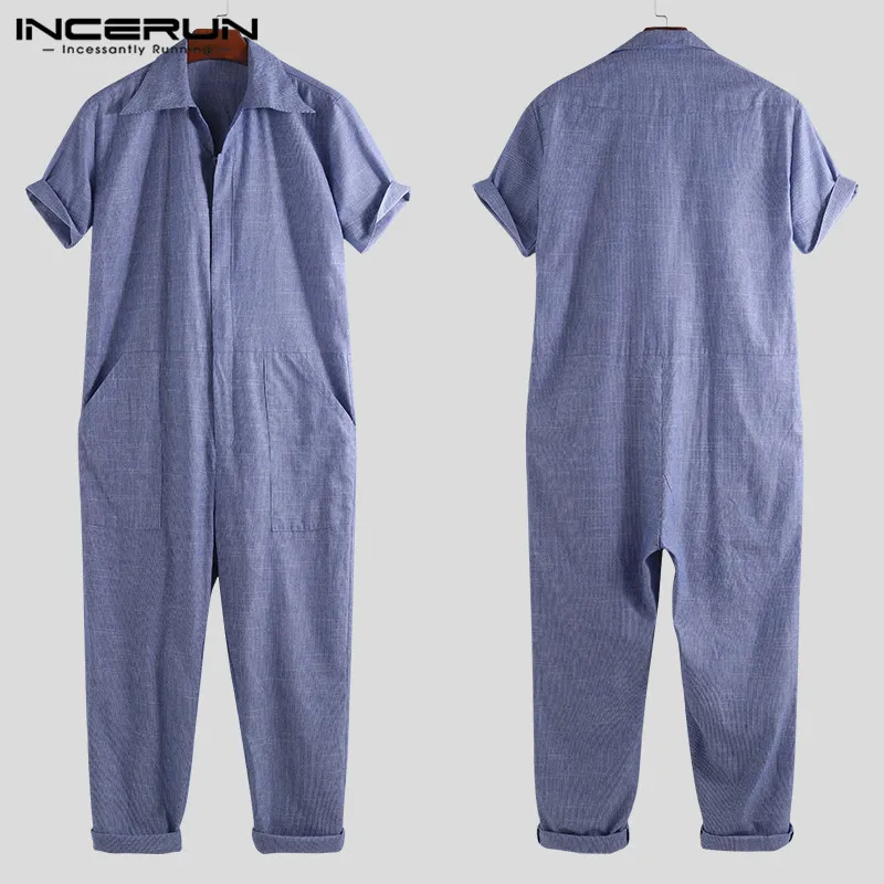 Blue INCERUN,, модные мужские комбинезоны, однотонный комбинезон, джоггеры, с отворотом, на шее, с коротким рукавом, повседневные штаны, свободные, мужские, карго комбинезоны, уличная одежда - Цвет: Blue