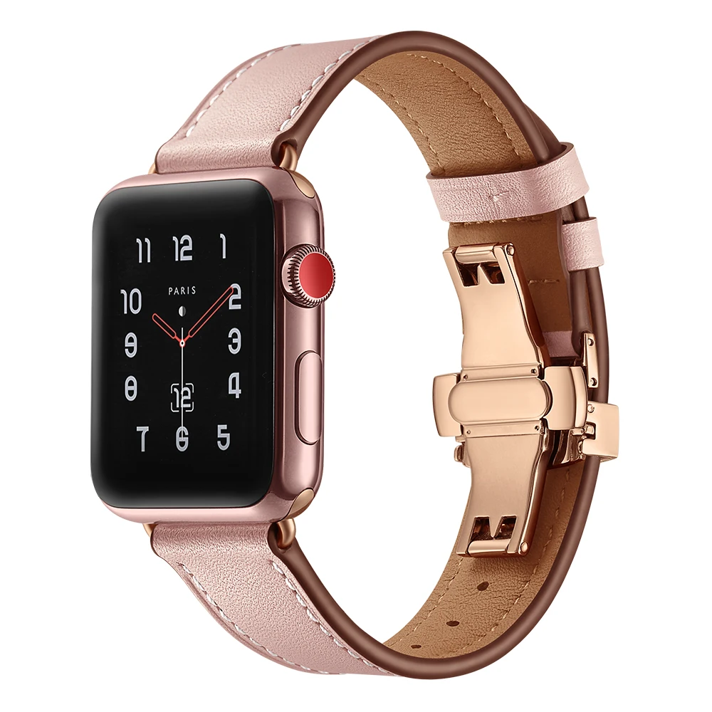 Ремешок кожаный для Apple Watch 6 Band Series SE/5/4/3/2 браслет с пряжкой бабочкой трех цветов
