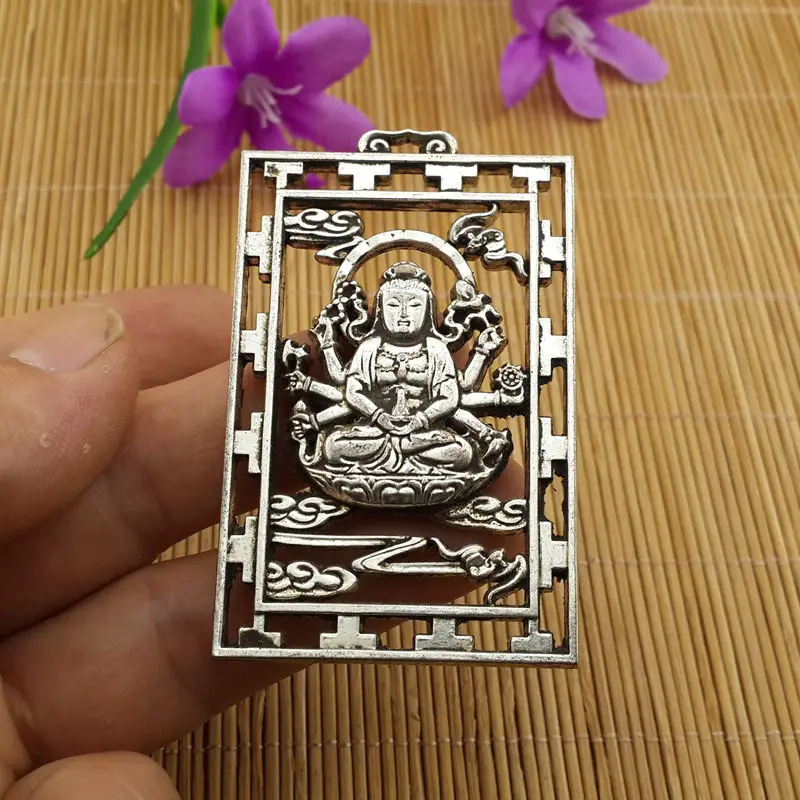 Китайская Коллекционная старинная Серебряная резьба Maitreya тысяча рук кулон