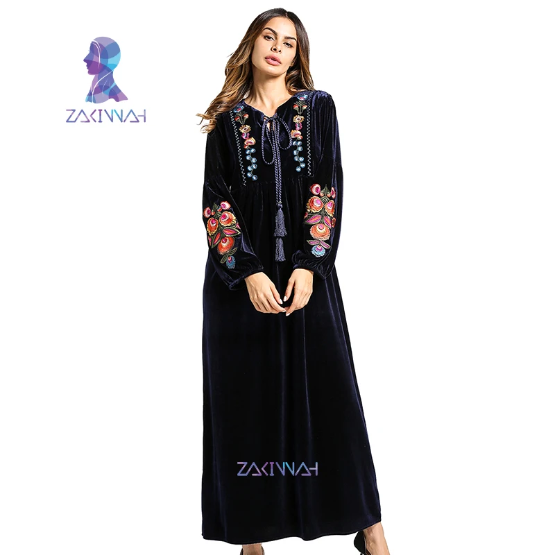 Модное женское платье с бархатной вышивкой зимнее Макси-платье Abaya длинное для