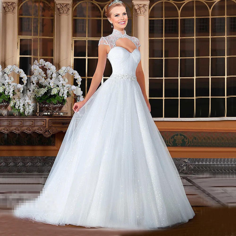 

Ball Gown vestido de noiva High Neck Cap Sleeve Appliques Beaded Sequins Bride Dresses Cheap Custom Backless Wedding Dress 2016