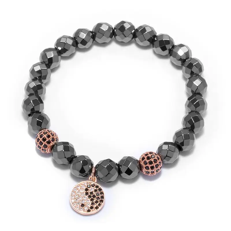 European American minimalist charm man and woman general lava volcanic stone beads Taiji figure pendant bracelet Yin Yang | Украшения и