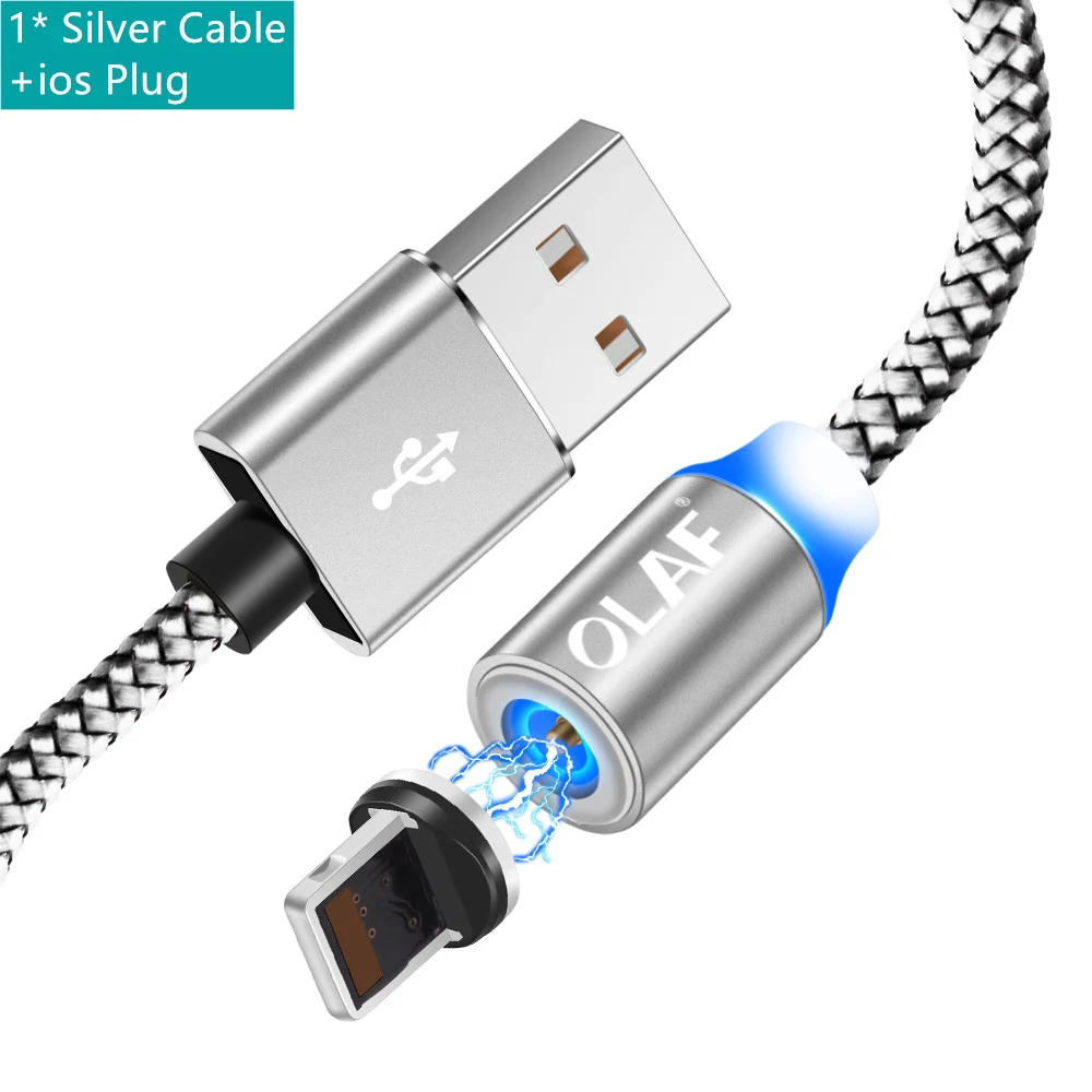 Магнитный usb-кабель OLAF 1 м 2 м 8-контактный кабель для быстрой зарядки USB для iPhone 6 7 8 Plus X XR XS XSMax Магнитный светодиодный шнур для зарядного устройства - Цвет: Серебристый