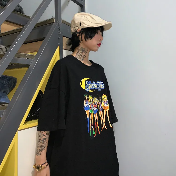 Летняя женская Свободная футболка Harajuku с рисунком Сейлор Мун, коротким рукавом и круглым вырезом, милые повседневные футболки, топы для женщин