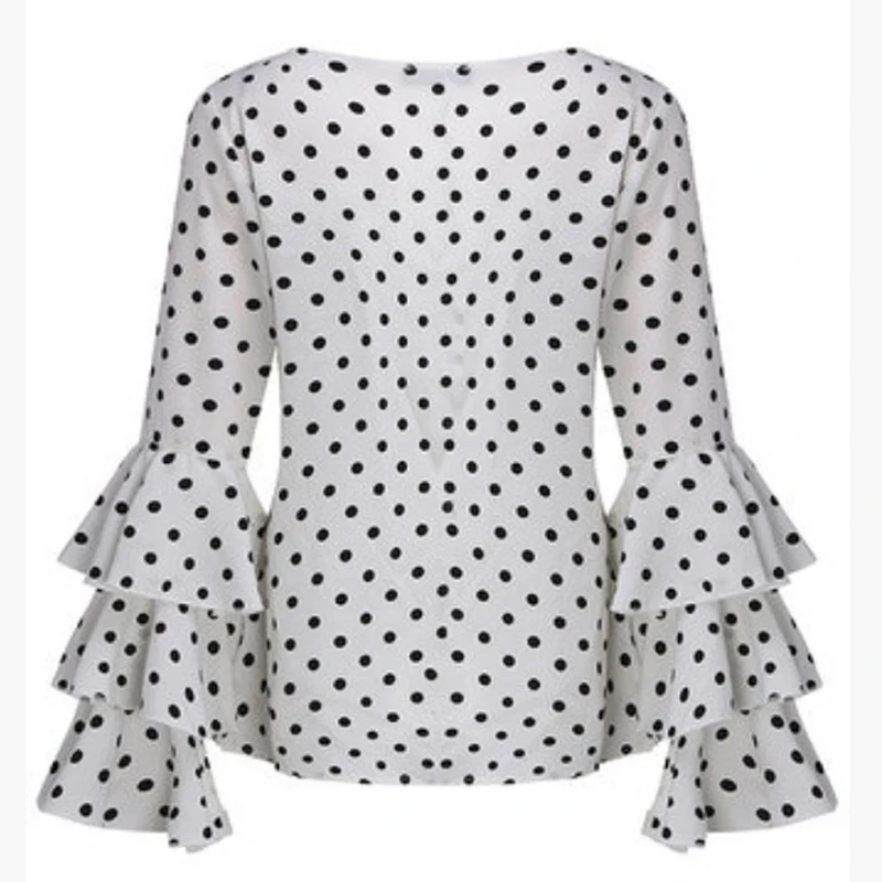 Элегантная блузка в горошек с оборками для женщин 2018 черная белая расклешенными