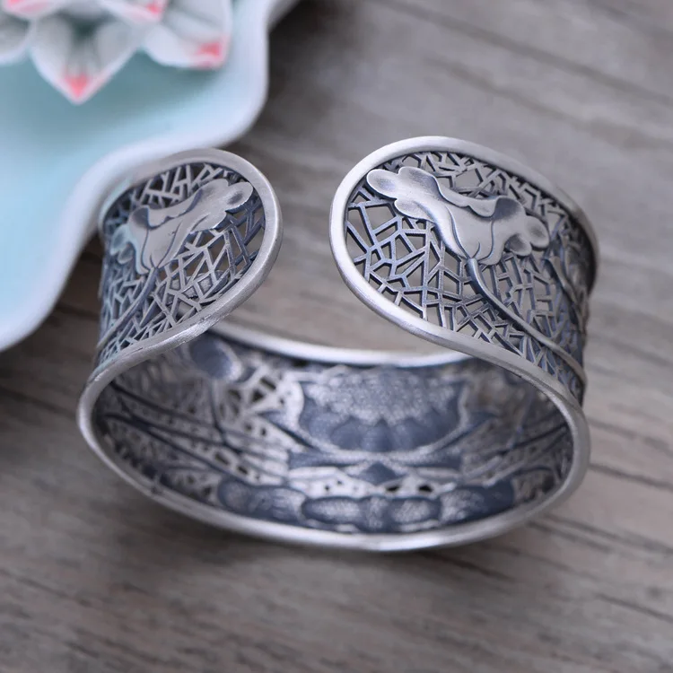 KJJEAXCMY fine jewelry S999 sterling silver retro taiyin hollow-out lotus flower female style bracelets fashion wi | Украшения и
