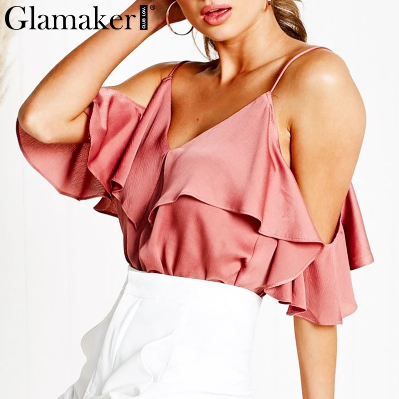 Glamaker, Атласные оборки, элегантный короткий укороченный Топ для женщин, с открытыми плечами, сексуальный летний топ на бретелях для женщин, весенние вечерние топы на бретельках с открытой спиной, Новинка