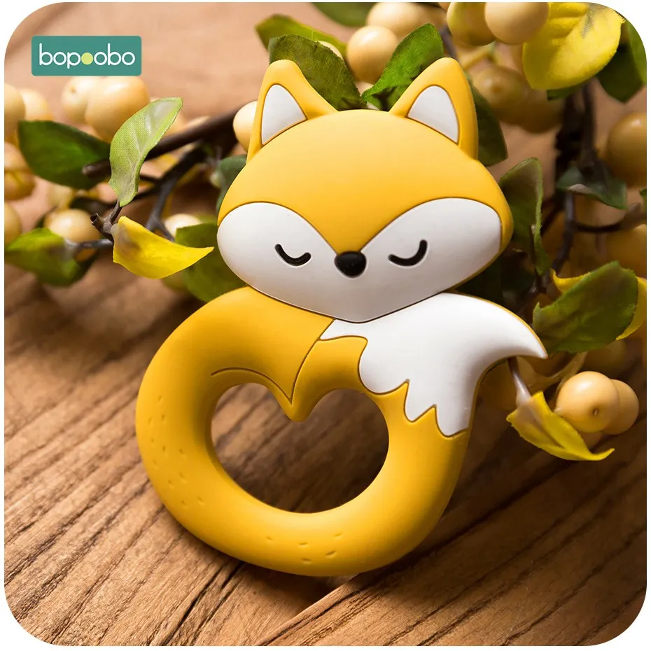 Yellow Fox Bopoobo, 0-12 месяцев, 10 шт., лисичка, детский прорезыватель, пищевой силикон, Прорезыватель для зубов, для малышей, крошечная удочка для детей, силиконовая игрушка для прорезывающихся зубов с героями мультфильмов - Цвет: Yellow Fox