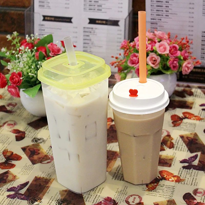 Disposable Plastic Fruit Tea Cup Take Out Drinks Mug With Lid And Fork One-off Big Capacity Drinkware Milk Packing Tools | Дом и сад