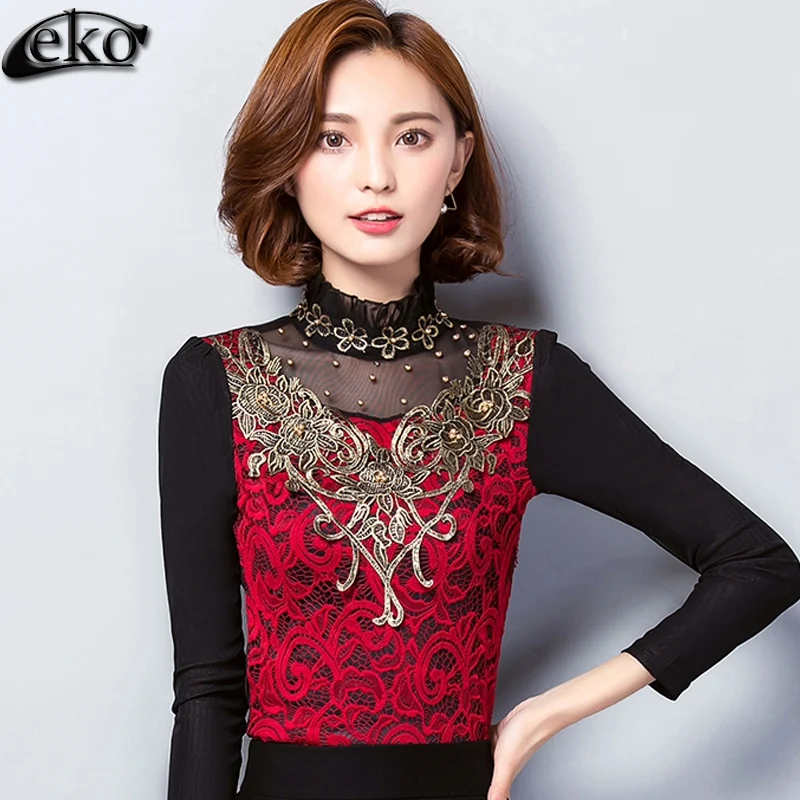 Wine red Модная женская одежда с вышивкой Blusas зимние женские блузки рубашки бархатные женские вязаная блузка кружевная рубашка женские Топы XXXL - Цвет: Wine red