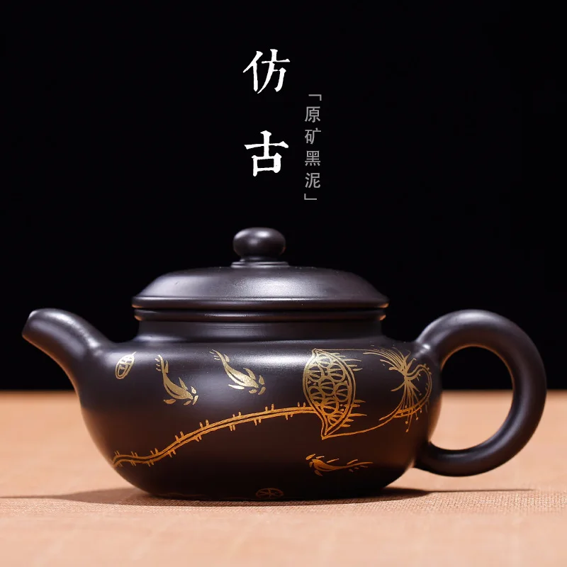 

Huyuan Mine Black Mud Black Gold Mud Ancient-like Hu Hand-painted Gold Teapot Authentic Manufacturer Mass Customization