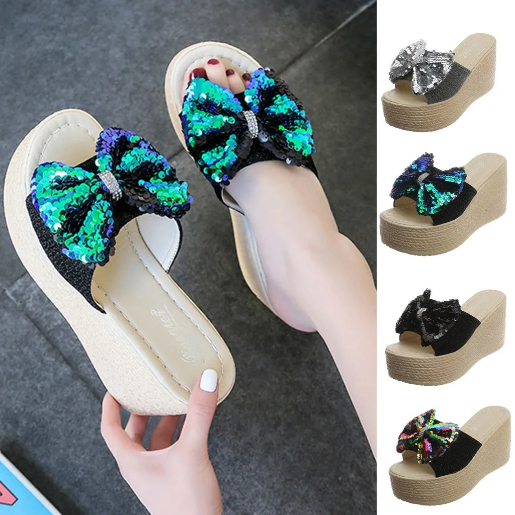 Женские сандалии летние блестящие шлепанцы с бантиком Босоножки открытым носком