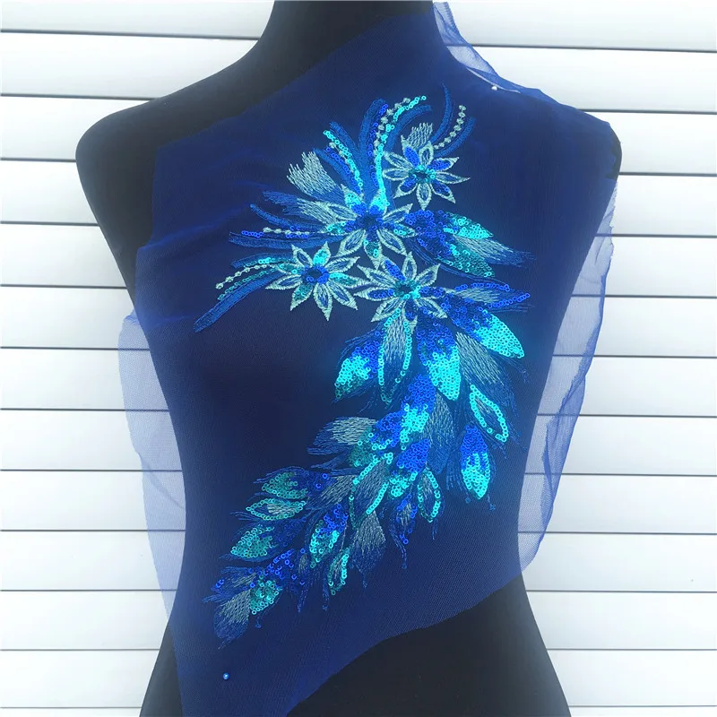 1 шт. вышитые кружевные голубые блестки с рисовыми ушками цветочными листьями