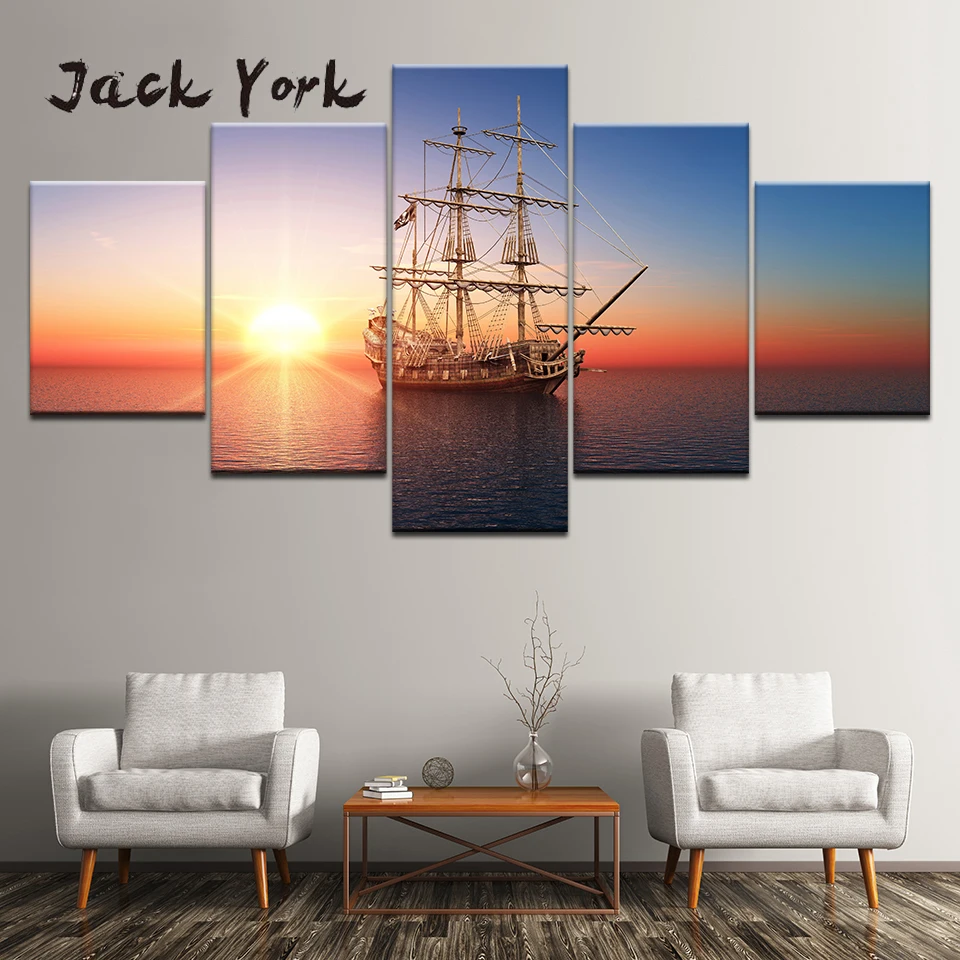 Картина на холсте парусник море С закатом настенная художественная живопись