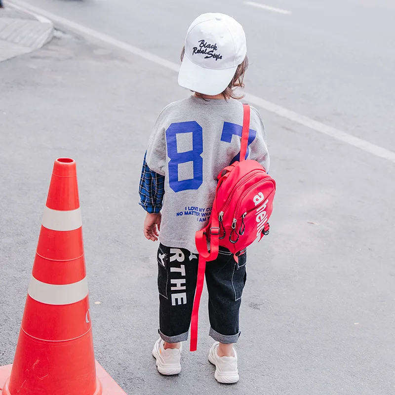 2019 Spring and Autumn tide boy's sweater children's color matching plaid round neck baby shirt boy cotton T-shirt | Мать и