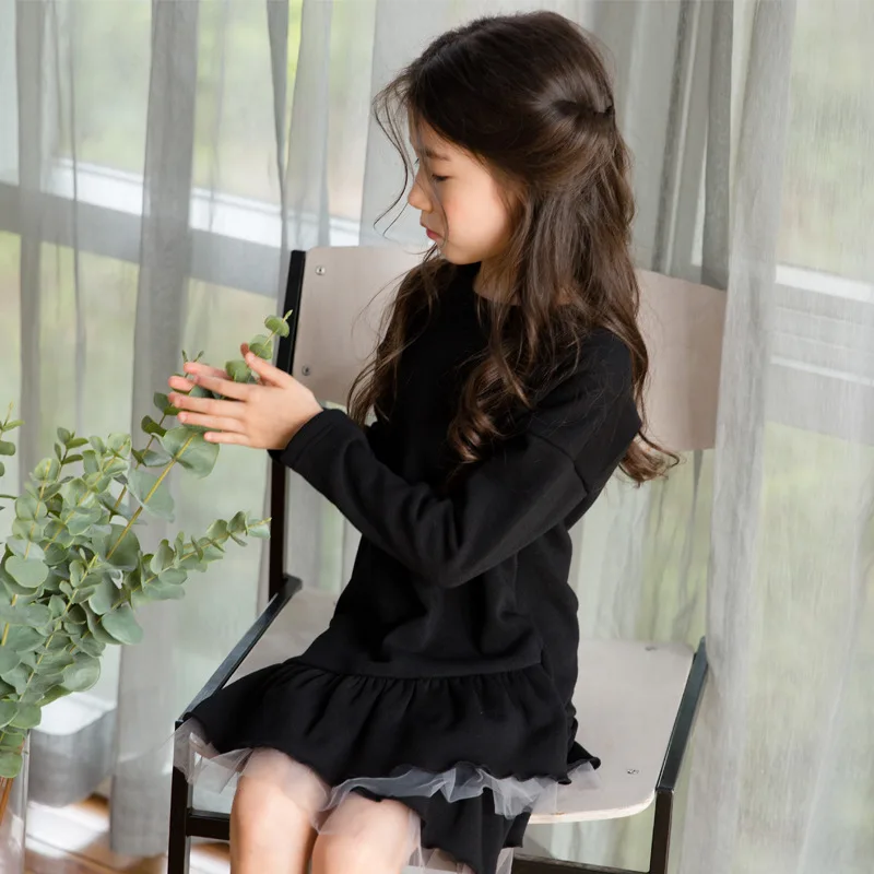 new 2018 mesh patchwork teenage girls long sleeve dresses for kids autumn winter black ruffles sweatshirt dress children clothes | Детская