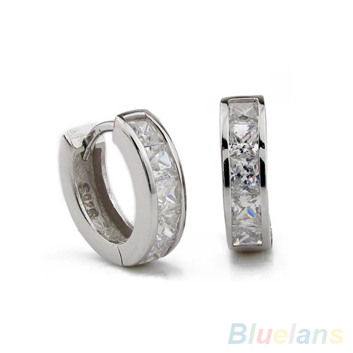 Fashion Silver Plated Small Round Square Crystal Huggie Earrings Men 2KAR | Украшения и аксессуары
