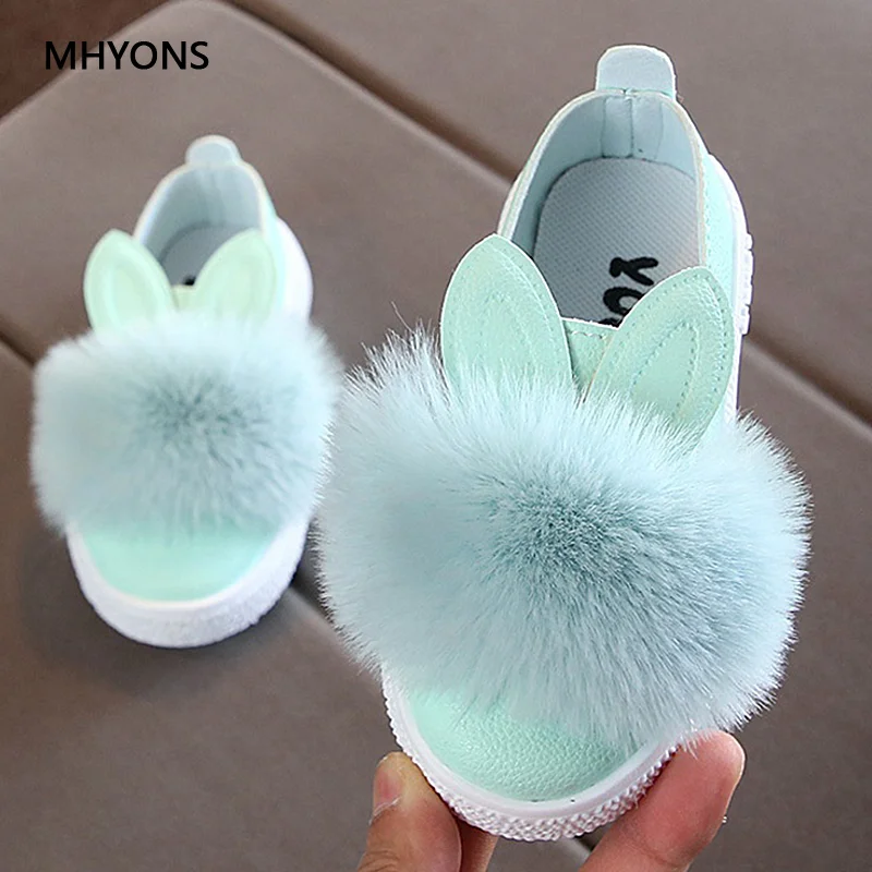 MHYONS модные детские меховые туфли для девочек милый кролик мягкие Нескользящие