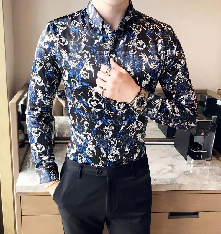 2018 Для мужчин модные Повседневное Длинные рукава рубашка с принтом Slim Fit мужской