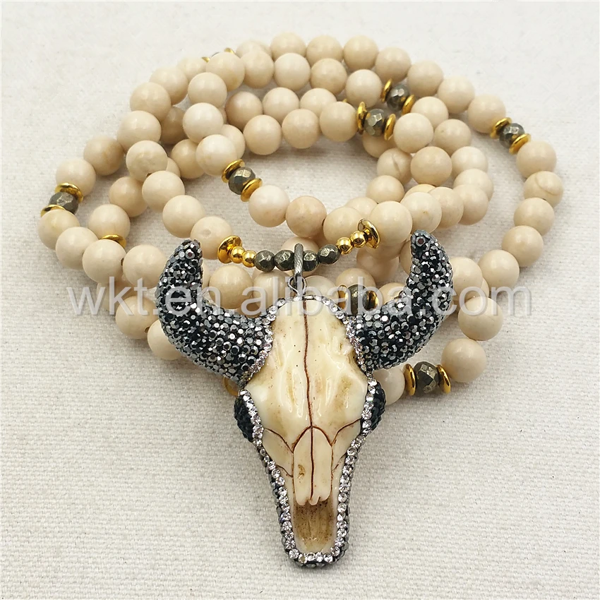 WT-N859 New 8mm Round Cream Fossil Beads Necklace With Natural Buffalo Horn Cattle Head Charm Pendant in 32 inch | Украшения и