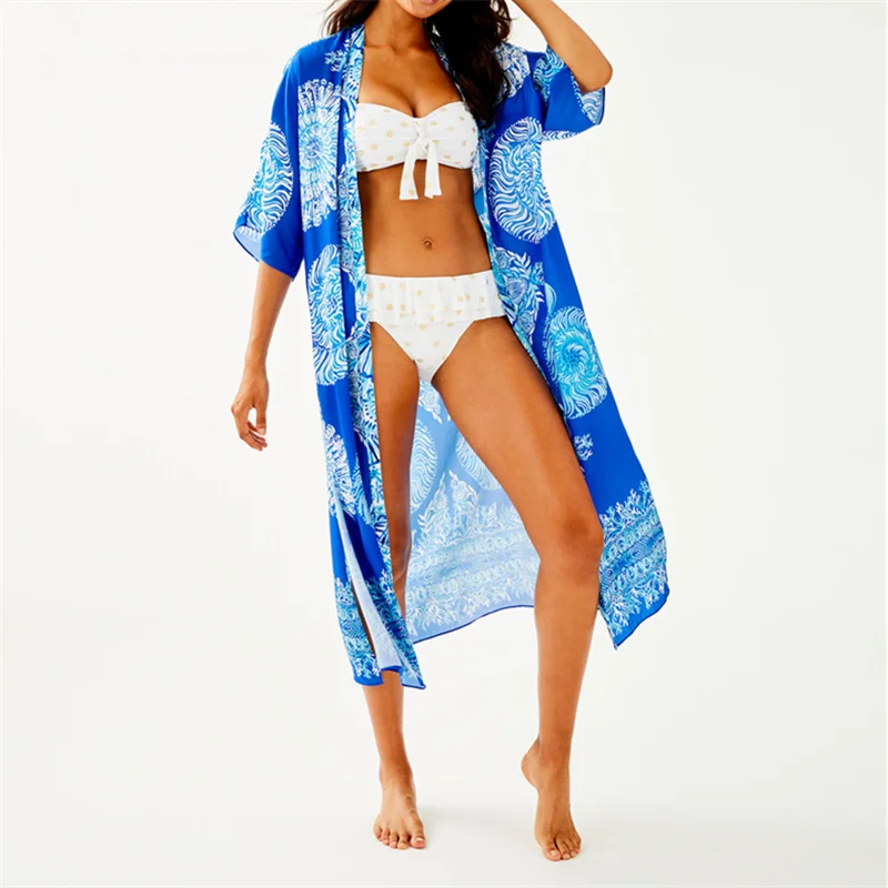 Женская длинная хлопковая блузка голубая пляжная блузка-кимоно с богемным