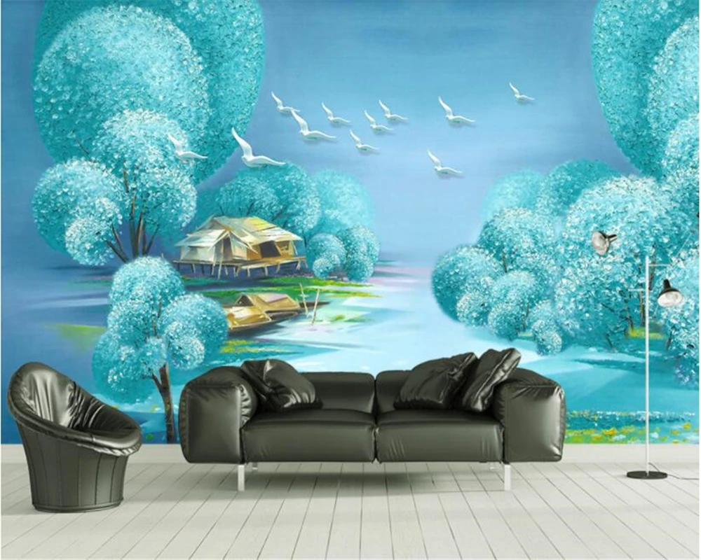 

beibehang Customize any wallpaper murals beautifully embossed flying bird Blue landscape painting background wall 3d wallpaper