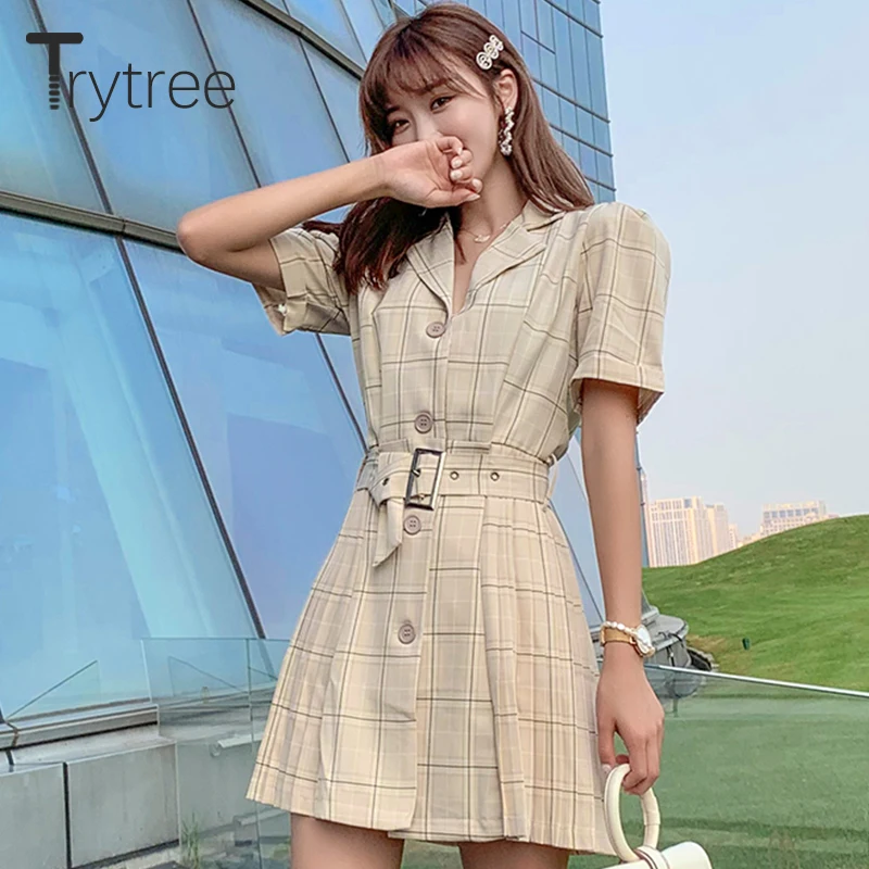 Trytree/летнее осеннее повседневное женское платье в клетку С Вырезанным воротником