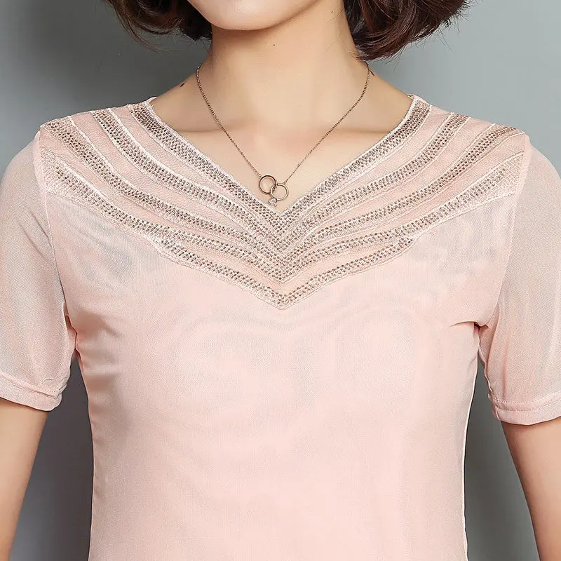 Blusas Femininas 2017 Лето Женщины Блузки Алмаз V-образным Вырезом С Коротким Рукавом