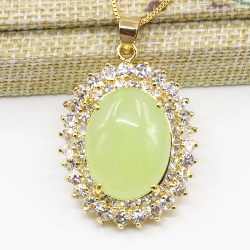 Natural Green Stone Jades Pendant Gold-Color Copper Zircon Chain Necklace For Women 28x37mm Chalcedony Pendants Jewelry B3314 | Украшения и