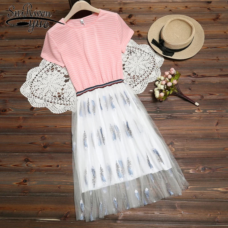 Розовое и синее Полосатое ТРАПЕЦИЕВИДНОЕ короткое платье до колена с круглым